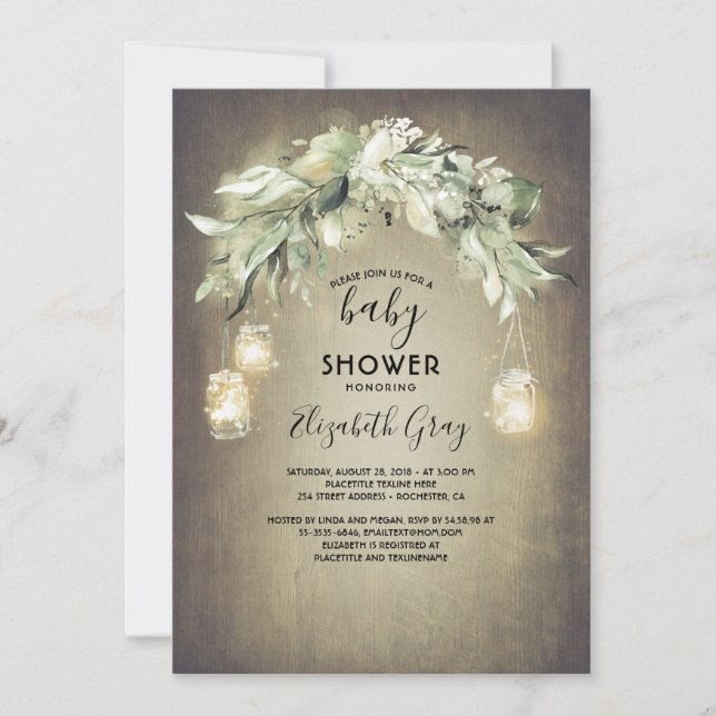 Greenery Mason Jar Lights Rustic Baby Shower Invitation (Front)
