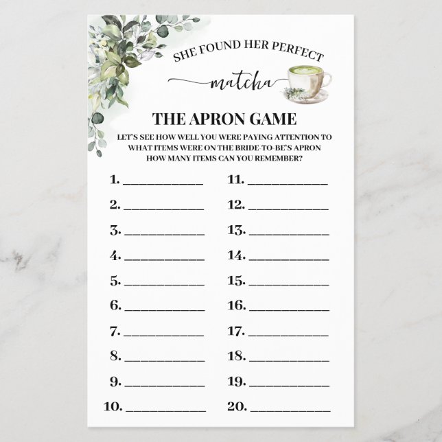 Greenery Matcha The Apron Bridal Shower Game Card (Front)