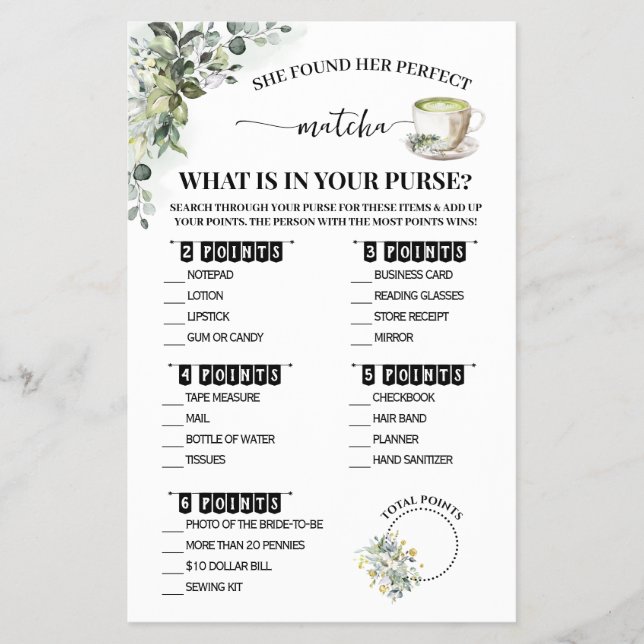 Greenery Matcha What is in Purse Shower Game Card (Front)