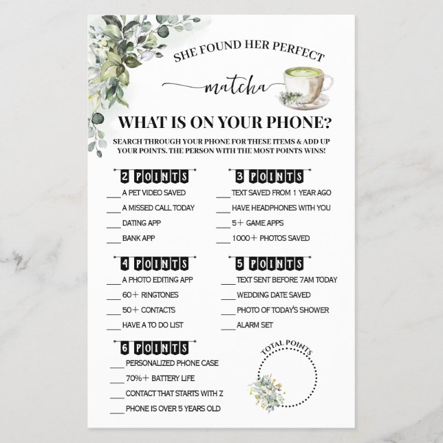 Greenery Matcha What is on Phone Shower Game Card (Front)