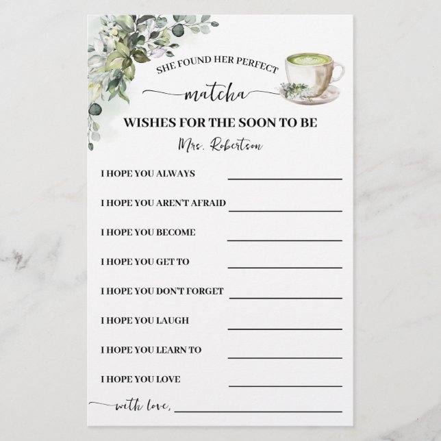 Greenery Matcha Wishes for the Soon to be Mrs Card (Front)