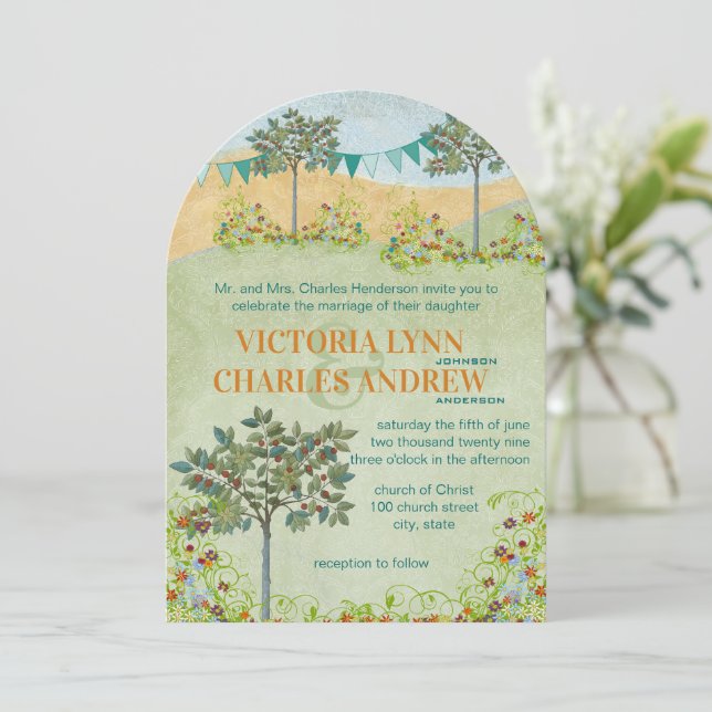 Greenery Meadow Bunting Wedding Invitations (Standing Front)