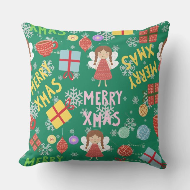 Greenery Merry Xmas text girly red yellow pattern  Throw Pillow (Front)