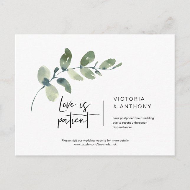 Greenery Minimal, Love is Patient, Wed Postponed Postcard (Front)