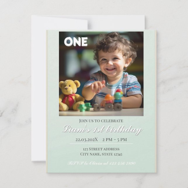 Greenery Minimalist Personalized First Birthday Invitation (Front)