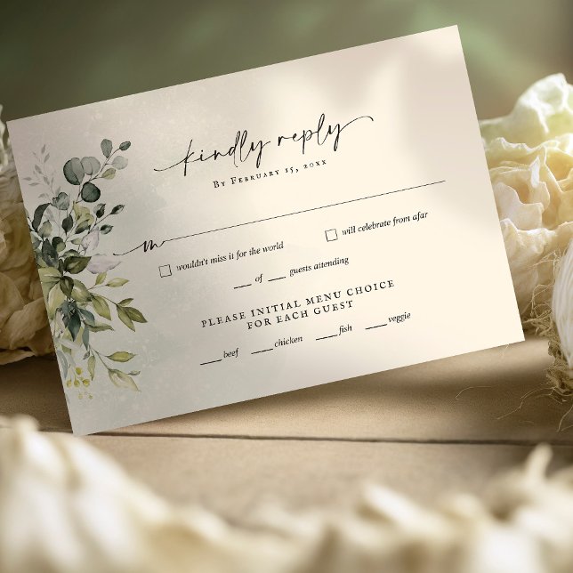 Greenery Minimalist Script Wedding RSVP Reply Card (Creator Uploaded)