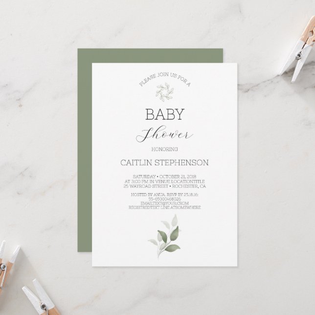 Greenery Modern Baby Shower  Invitation (Front/Back In Situ)