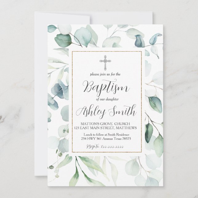 Greenery Modern Baptism Invitation (Front)