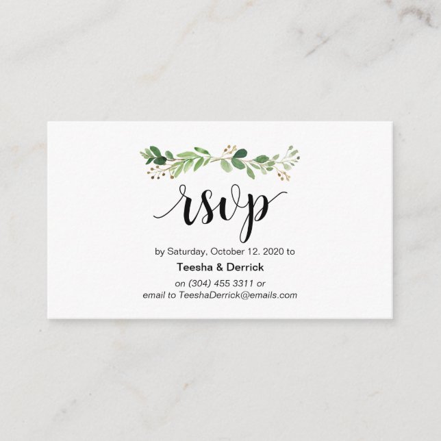 Greenery, Modern Black Script, online RSVP Enclosure Card (Front)