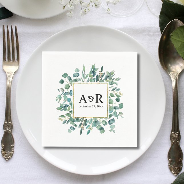 Greenery Modern Monogram Minimalist Wedding Napkin (Greenery modern monogram minimalist wedding napkins add fresh elegance to stylish receptions.)