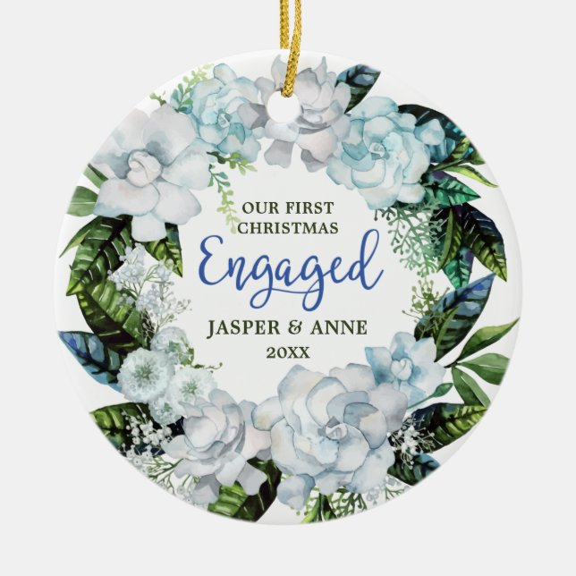 Greenery Modern Personalized Couple Engagement Ceramic Ornament (Front)