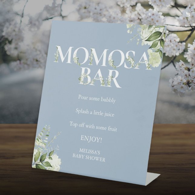 Greenery Momosa Bar Dusty Blue Baby Shower Pedestal Sign (Greenery Momosa Bar Dusty Blue Baby Shower Pedestal Sign)