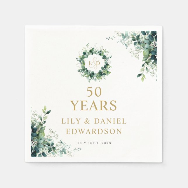 Greenery Monogram 50th Anniversary Welcome Sign Napkin (Front)