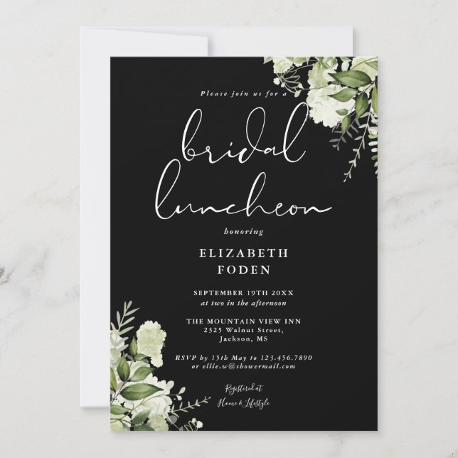 Greenery Monogram Black And White Bridal Luncheon Invitation (Front)
