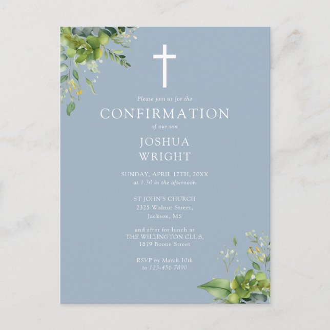 Greenery Monogram Blue Confirmation Invitation Postcard (Front)
