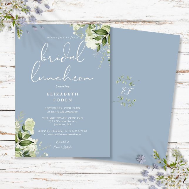 Greenery Monogram Dusty Blue Bridal Luncheon Invitation (Greenery Monogram Dusty Blue Bridal Luncheon Invitation)