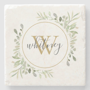 Greenery Monogram Elegant Script  Stone Coaster