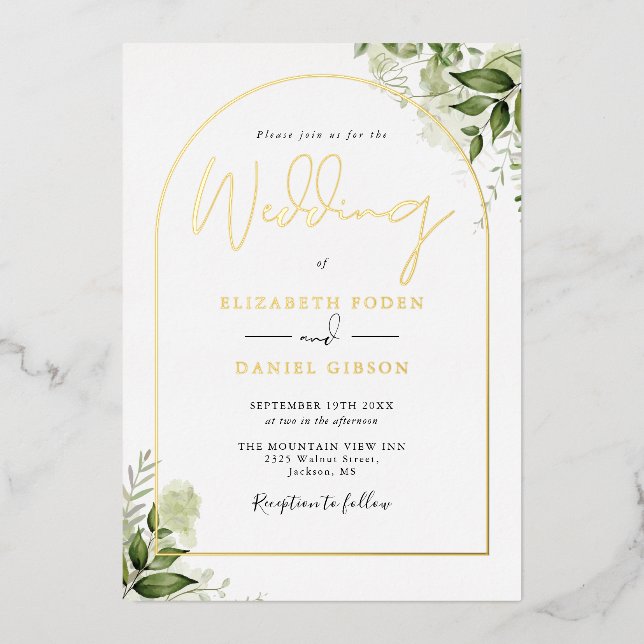 Greenery Monogram Elegant Script Wedding Gold Arch (Front)