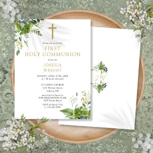 Greenery Monogram First Holy Communion Invitation Postcard