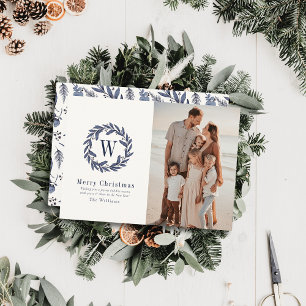 Greenery Monogram Navy Watercolor Christmas Photo Holiday Card