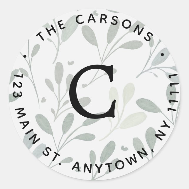 Greenery Monogram Round Return Address Label (Front)