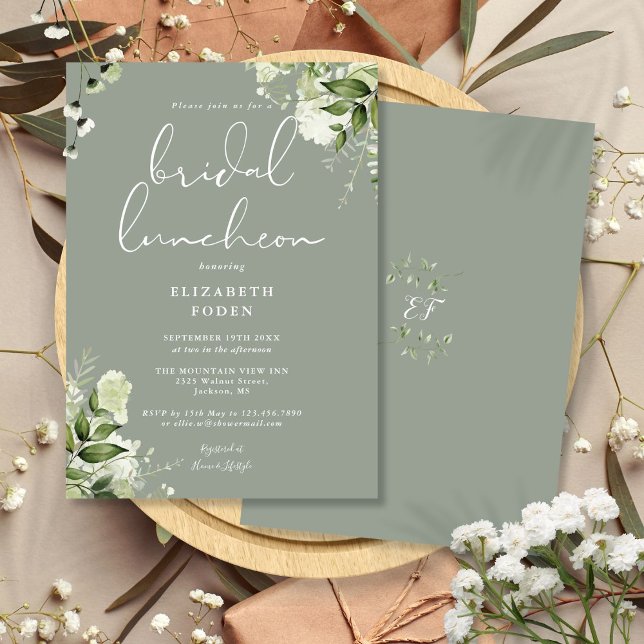 Greenery Monogram Sage Green Bridal Luncheon Invitation (Greenery Monogram Sage Green Bridal Luncheon Invitation)