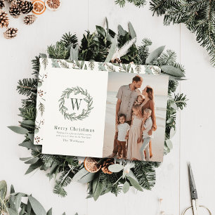 Greenery Monogram Sage Watercolor Christmas Photo Holiday Card