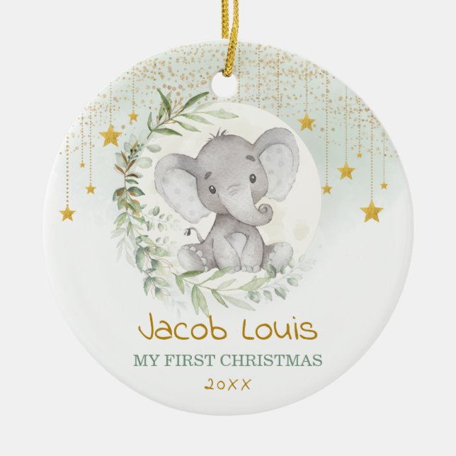 Greenery Moon & Star Elephant Baby 1st Christmas Ceramic Ornament (Front)