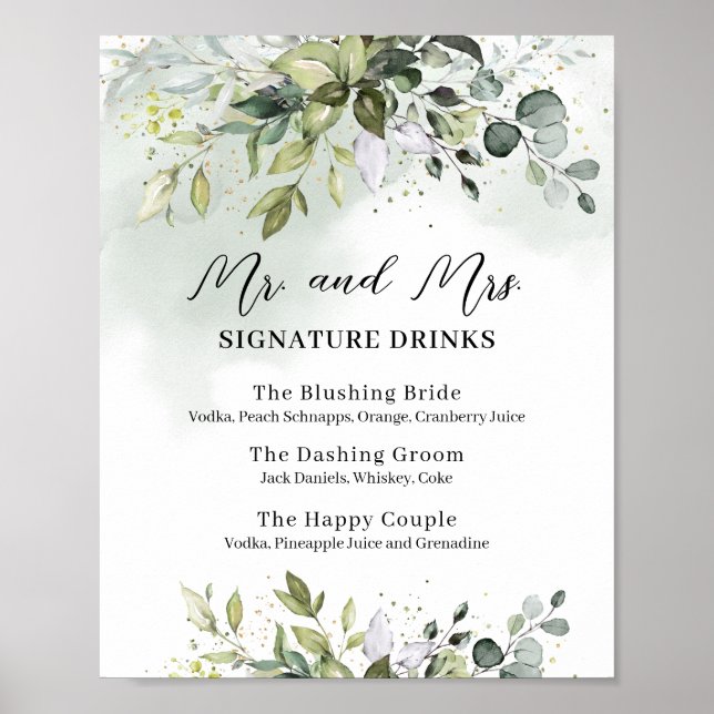 Greenery mr and mrs signature drinks wedding sign (Front)
