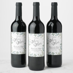 Greenery Mr & Mrs Script Watercolor Wine Label
