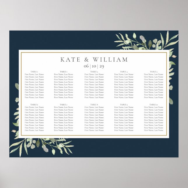 Greenery Navy Blue Gold Wedding Seating Chart (Front)