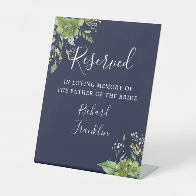 Greenery Navy Blue Memory Reserved For Wedding Pedestal Sign (Front)