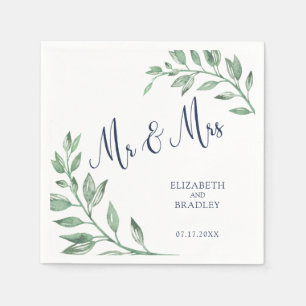 Greenery   Navy Blue Script Mr and Mrs   Wedding Napkin