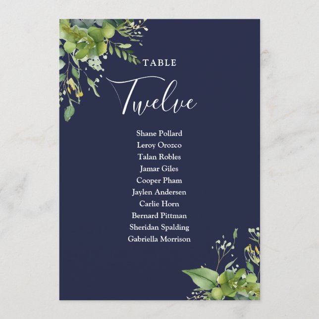 Greenery Navy Blue Seating Plan Table Number (Front)