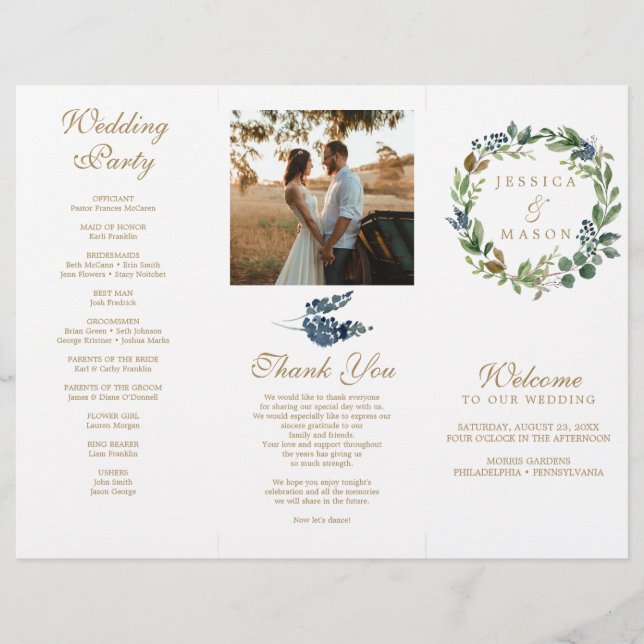 Greenery Navy Gold Tri-Fold Wedding Programs (Front)