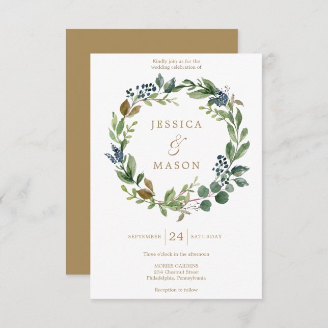 Greenery Navy Gold Wedding Invitation Card (Front/Back)