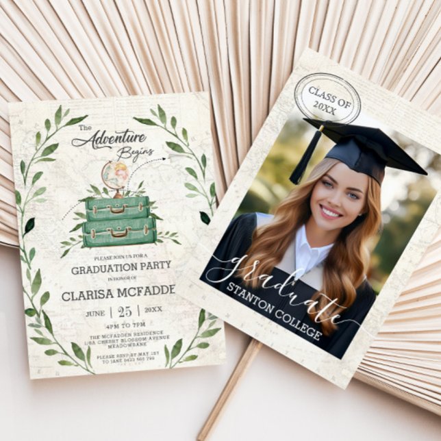Greenery New Adventure Begins Journey Graduation Invitation (the adventure begins wanderlust greenery vintage globe suitcases graduation photograph invitation )