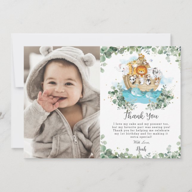 Greenery Noah's Ark Birthday Party Photograph Thank You Card (Front)