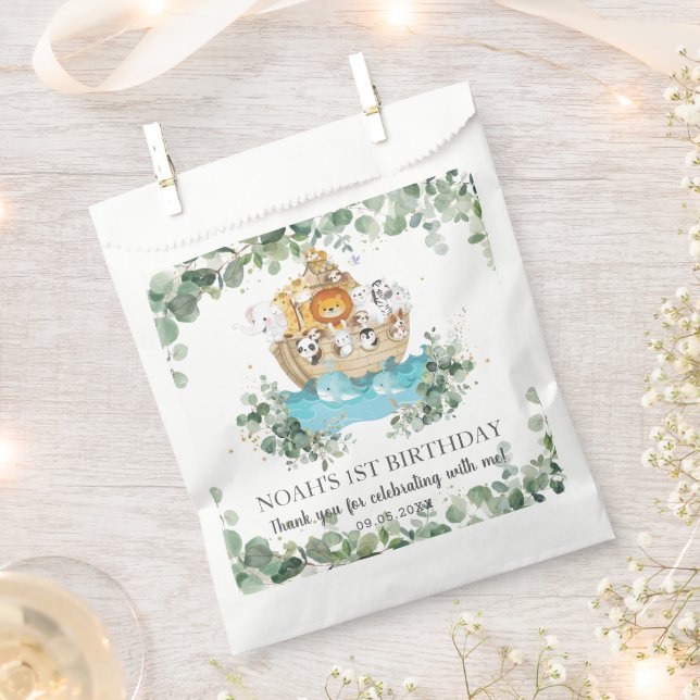Greenery Noah's Ark Cute Animals Baby Birthday Favour Bag (Clipped)