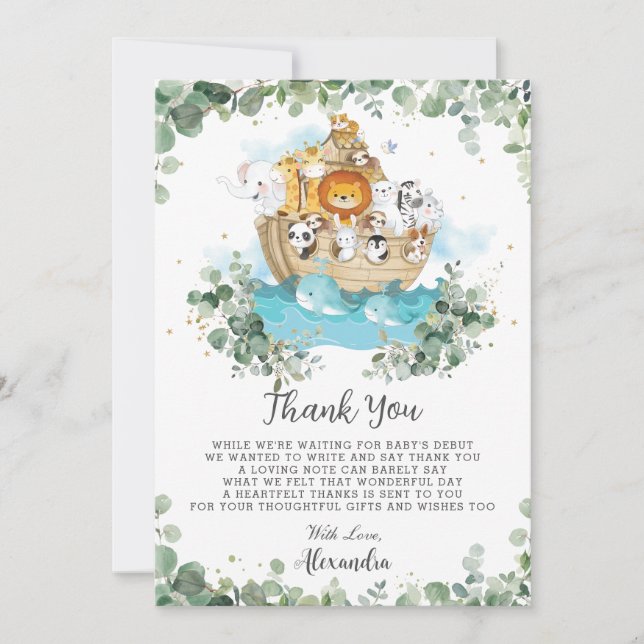 Greenery Noah's Ark Gender Neutral Baby Shower Thank You Card (Front)