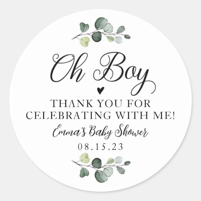 Greenery Oh Boy Baby Shower Sticker (Front)