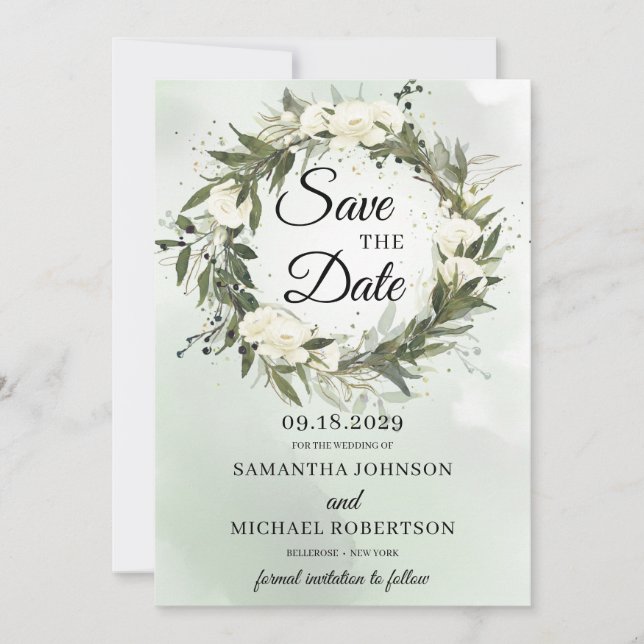 Greenery olive greenery foliage wreath white roses save the date (Front)
