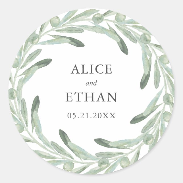 Greenery Olive Wedding Classic Round Sticker (Front)