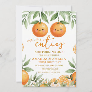 Greenery Orange Twin little cuties 1st Birthday Invitation