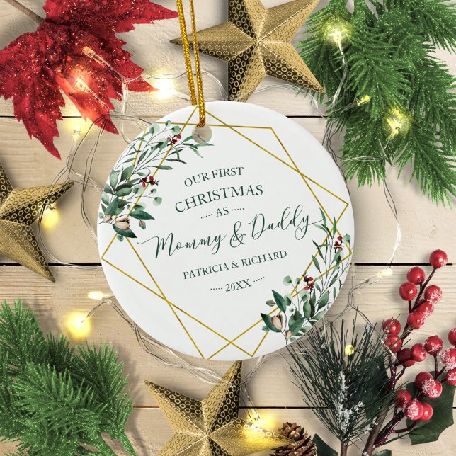 Greenery Our First Christmas as Mommy and Daddy Ceramic Ornament (Creator Uploaded)