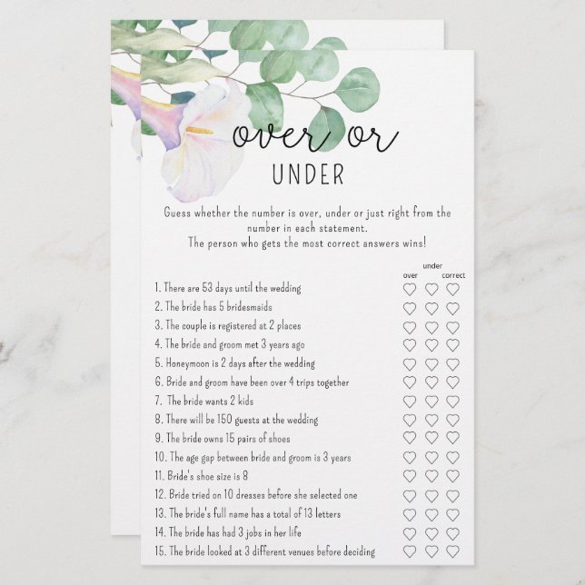 Greenery - Over or Under bridal shower game (Front/Back)