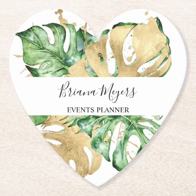 Greenery Palm Leaves Gold Tropical  Paper Coaster (Front)