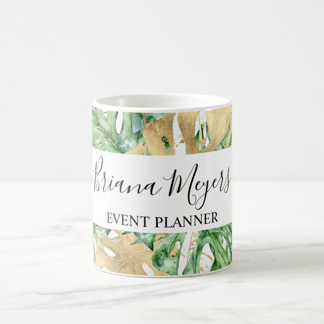 Greenery Palm Leaves Gold White Tropical Coffee Mug (Center)