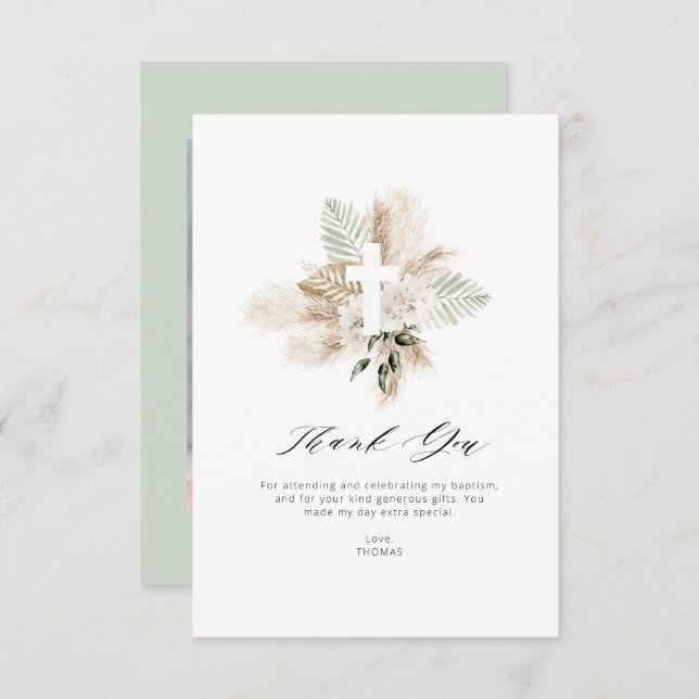 greenery pampas floral baptism thank you card (Front/Back)