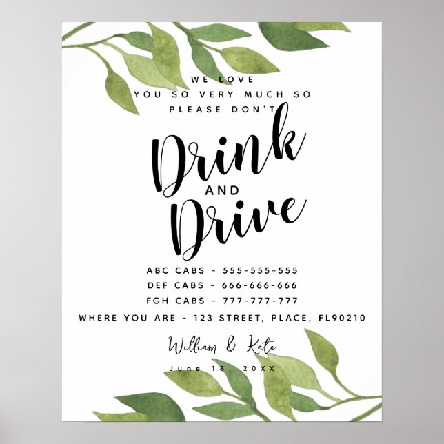 greenery party Taxis don't drink and drive sign (Front)